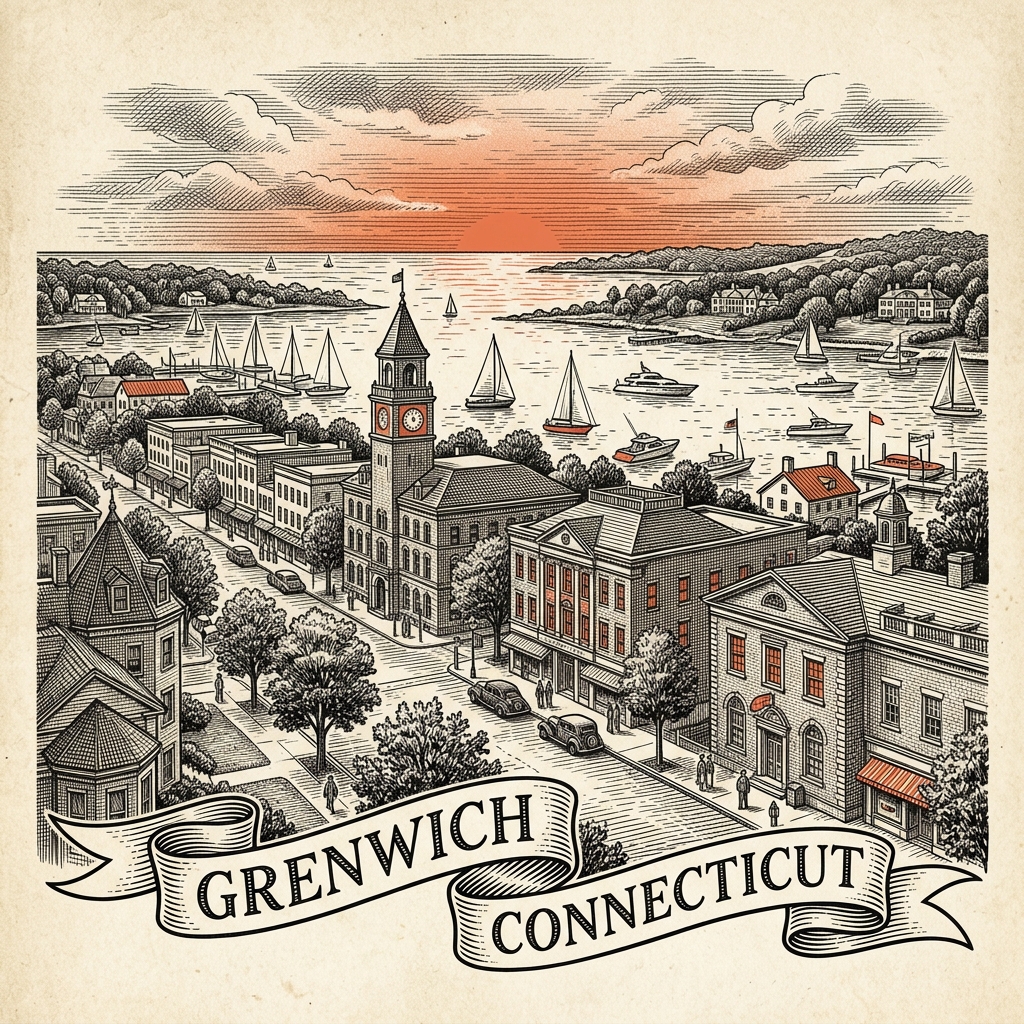 Engraved Greenwich CT city illustration – Official Translations certified translation services from $29.95 per page