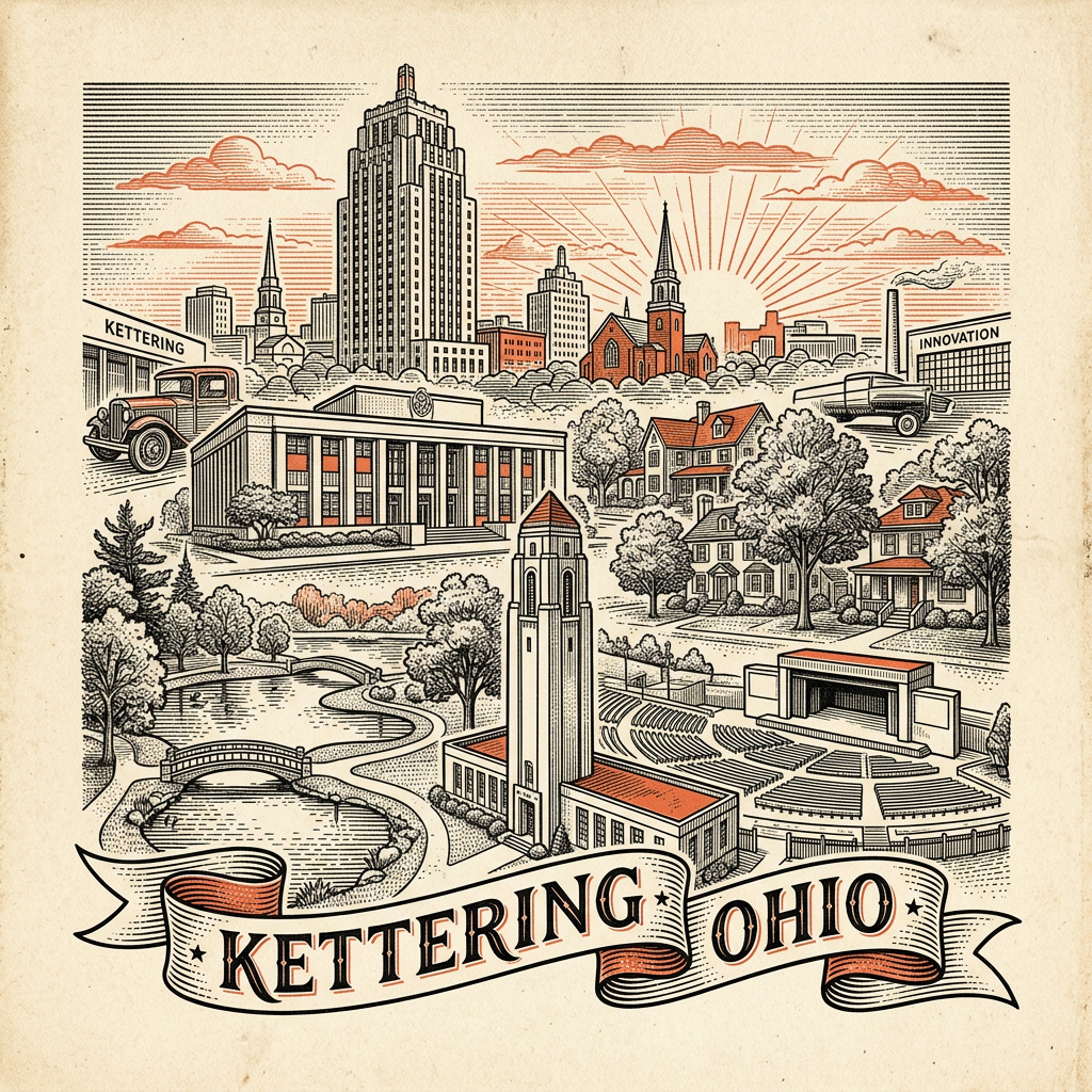 Engraved Kettering OH city illustration – Official Translations certified translation services from $29.95 per page